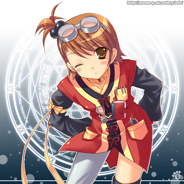 mame-p, futami ami, rita mordio, idolmaster, idolmaster (classic), namco, tales of (series), tales of vesperia, bad id, bad pixiv id, 1girl, brown eyes, brown hair, company connection, cosplay, female focus, gloves, goggles, hair bobbles, hair ornament, pantyhose, rita mordio (cosplay), short hair, side ponytail, single leg pantyhose, solo, thighhighs