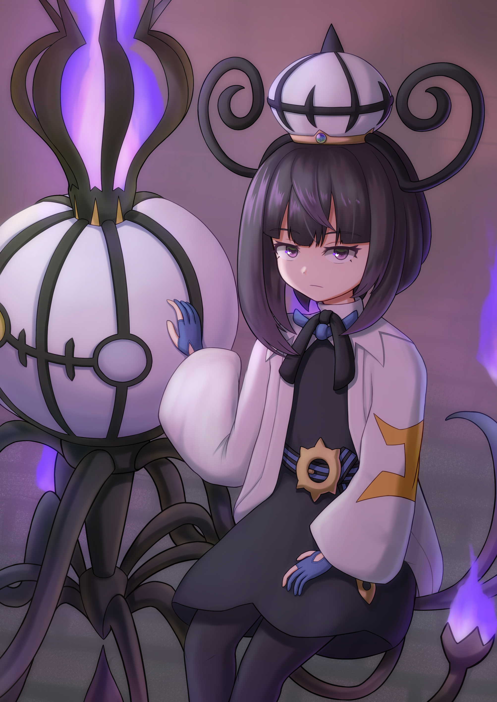 offencearmor-0131, chandelure, gwynn (pokemon), mega chandelure, nintendo, pokemon, pokemon legends: z-a, absurdres, highres, 1girl, black dress, black hair, black pantyhose, blue gloves, bob cut, closed mouth, coat, dress, gen 5 pokemon, gloves, hat, long sleeves, looking at viewer, mega pokemon, mega stone, multicolored hair, open clothes, open coat, pantyhose, partially fingerless gloves, pokemon (creature), purple eyes, purple hair, short hair, simple background, sitting on pokemon, two-tone hair, white coat, white hat