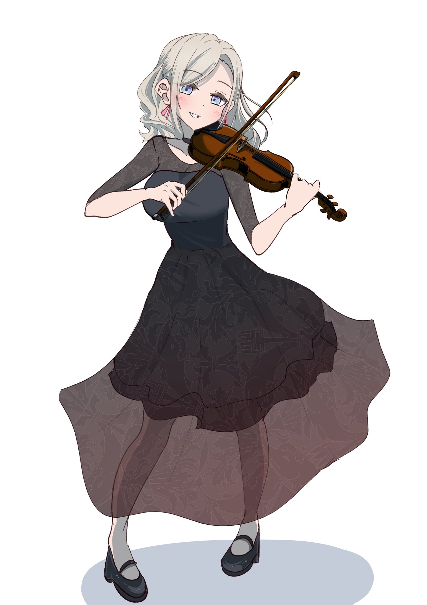 yunite68, ceras yanagida lilienfeld, link! like! love live!, love live!, commentary request, highres, 1girl, black dress, black shoes, blush, bow (music), breasts, cleavage, dress, full body, grey hair, grin, hair ribbon, holding, holding bow (music), holding instrument, holding violin, instrument, large breasts, long hair, looking at viewer, mary janes, medium dress, pantyhose, parted bangs, pink ribbon, ribbon, see-through cleavage, see-through clothes, see-through skirt layer, shadow, shoes, short sleeves, simple background, smile, solo, violin, virtual youtuber, wavy hair, white background, white pantyhose