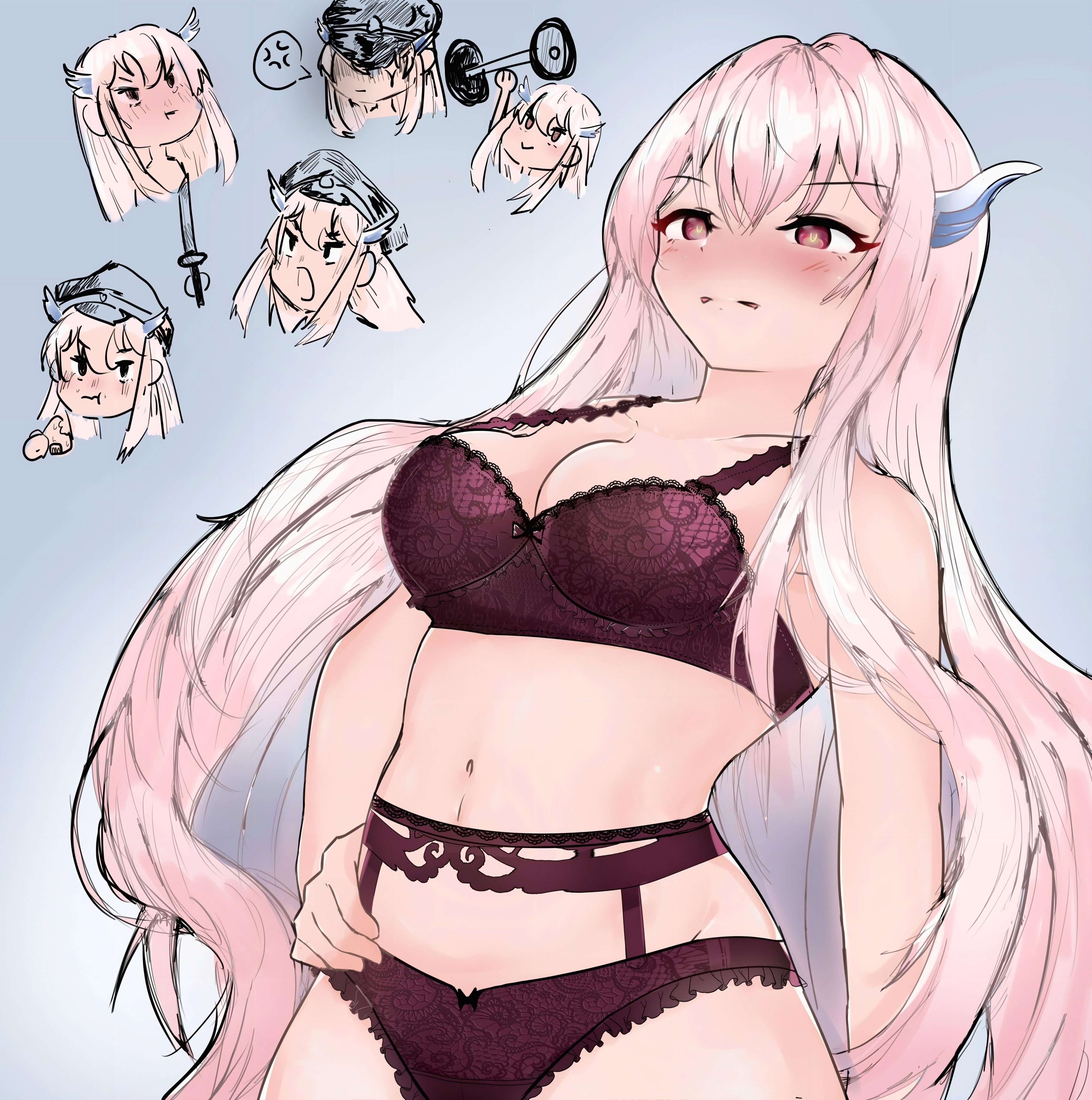 spookm, uzen kyouka, mato seihei no slave, absurdres, highres, bare shoulders, blush, bra, breasts, cleavage, collarbone, embarrassed, hand on own hip, lingerie, long hair, medium breasts, navel, panties, pink hair, red eyes, sidelocks, simple background, underwear, very long hair