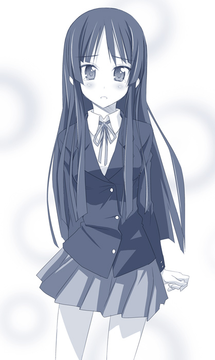 himura kiseki, akiyama mio, k-on!, 00s, 1girl, black hair, blue theme, blunt bangs, female focus, hime cut, long hair, monochrome, school uniform, skirt, solo, tears