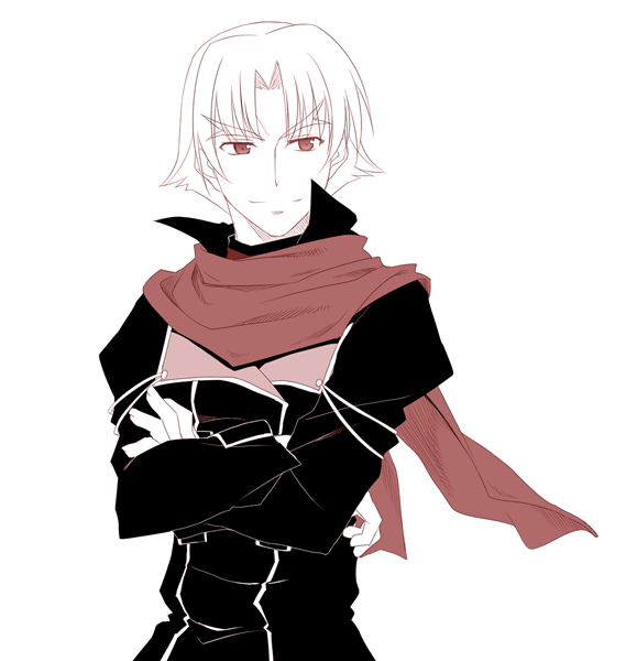 himura kiseki, arawn, tears to tiara, 00s, 1boy, crossed arms, high contrast, himara kiseki, male focus, monochrome, scarf, simple background, solo