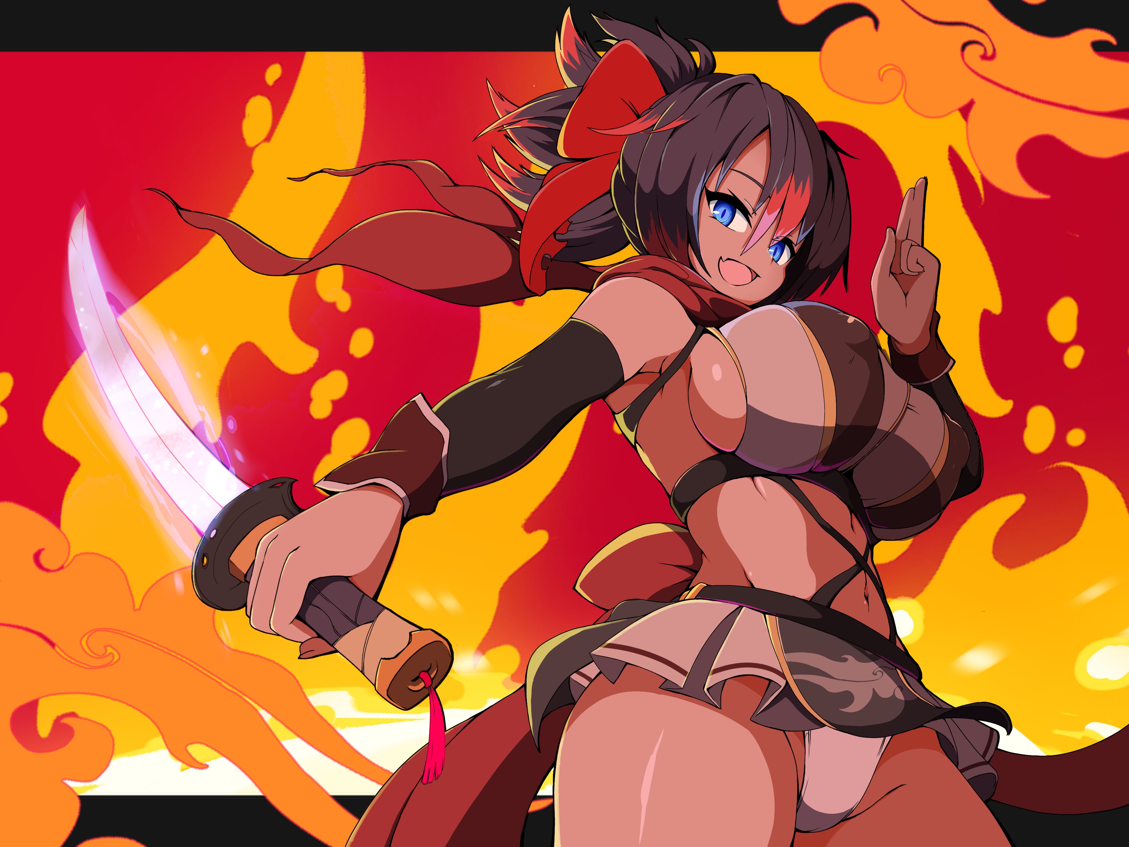 nuuuuuusi06, original, absurdres, highres, 1girl, arm guards, black hair, blue eyes, bow, breasts, colored tips, covered erect nipples, fang, fire, groin, hair between eyes, hair bow, holding, holding sword, holding weapon, huge breasts, kuji-in, long hair, looking at viewer, miniskirt, multicolored hair, navel, ninja, open mouth, panties, pleated skirt, ponytail, red bow, red hair, red scarf, revealing clothes, scarf, short ponytail, sideboob, skin fang, skirt, smile, solo, sword, thighs, two-tone hair, underwear, weapon, white panties