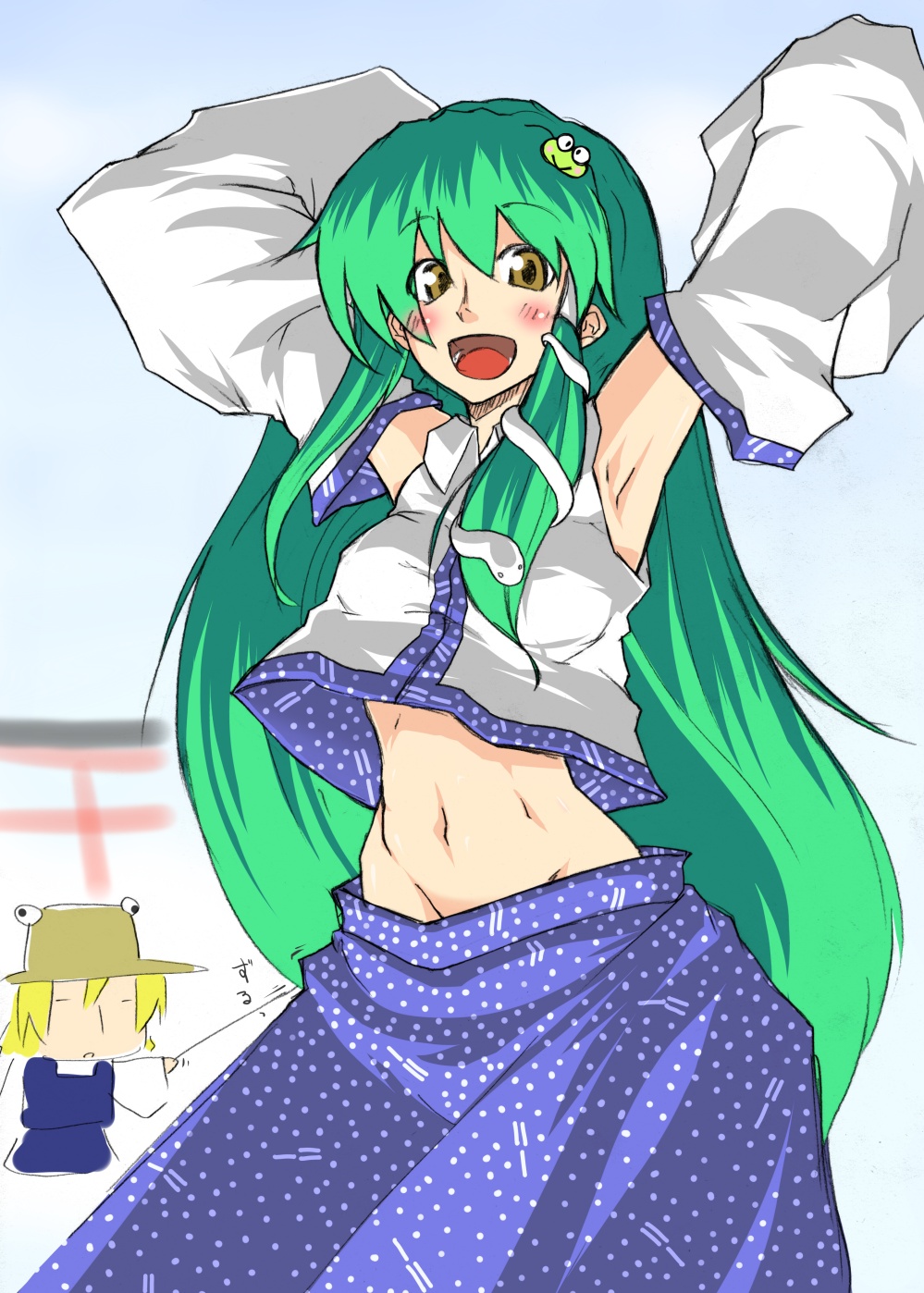 jin kashiwagi, kochiya sanae, moriya suwako, touhou, highres, 2girls, armpits, blonde hair, detached sleeves, female focus, frog, gradient background, green hair, hat, long hair, midriff, multiple girls, navel, open mouth, outdoors, short hair, skirt, sky, snake, white background, yellow eyes