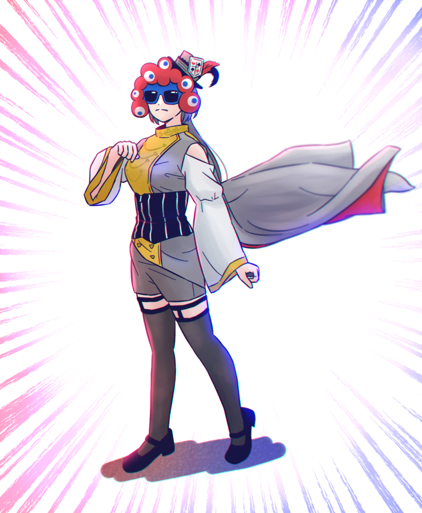 akihitohappy, katsuragi izumi, myaku-myaku, shindou amane, expo2025, link! like! love live!, love live!, commentary request, highres, 1girl, bare shoulders, black corset, black shoes, black thighhighs, breasts, cape, clothing cutout, corset, edelied, edelied cape flip, emphasis lines, floating cape, frown, full body, grey cape, grey shorts, legwear garter, long sleeves, mary janes, medium breasts, official alternate costume, pinstripe corset, shoes, shorts, shoulder cutout, sleeveless, solo, standing, sunglasses, thighhighs, virtual youtuber, voice actor connection