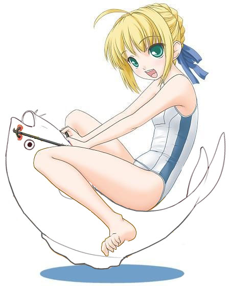 t2r, artoria pendragon (fate), saber (fate), fate/stay night, fate (series), jpeg artifacts, third-party edit, 00s, 1girl, ahoge, barefoot, blonde hair, female focus, fish, green eyes, hair ribbon, one-piece swimsuit, ribbon, riding, school swimsuit, solo, swimsuit, white one-piece swimsuit, white school swimsuit