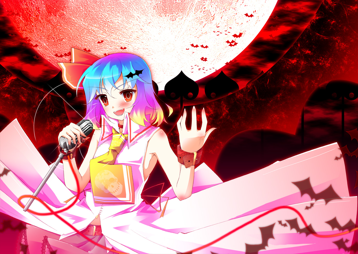 nanamomo rio, nanamomorio, remilia scarlet, touhou, bad id, bad pixiv id, 1girl, alternate color, bat (animal), bat wings, belt, blue hair, bow, fangs, female focus, gradient hair, hair bow, microphone, moon, multicolored hair, necktie, red eyes, red moon, short hair, skirt, solo, wings