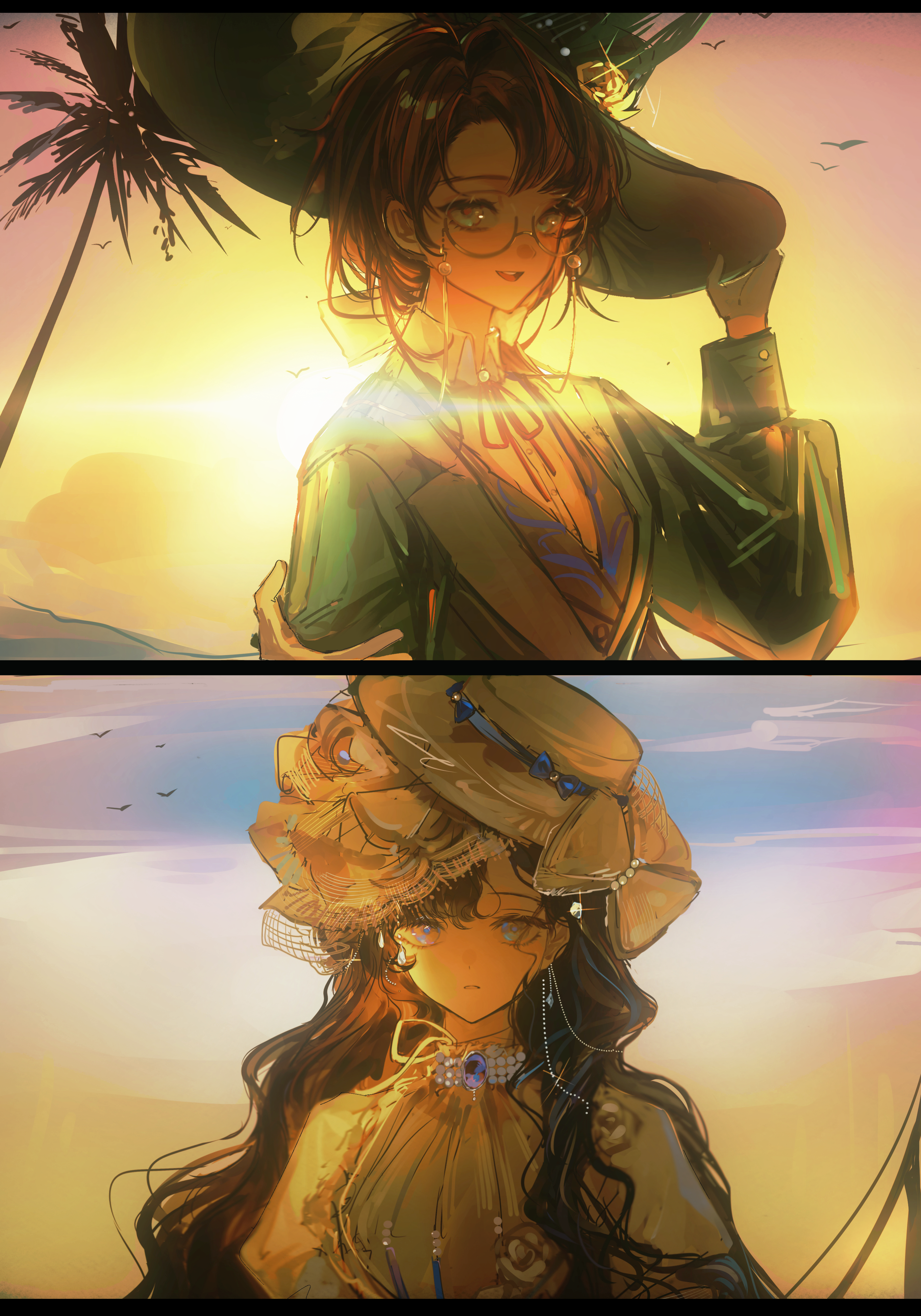 weiyan (nbnbmwnl), isolde (reverse:1999), kakania (reverse:1999), reverse:1999, absurdres, highres, 2girls, :d, backlighting, black hair, bow, brown hair, collared shirt, dress, eyewear strap, flower, glasses, gown, gradient sky, green eyes, green hat, grey jacket, hair bow, hair flower, hair ornament, hand on headwear, hand up, hat, hat bow, hat feather, jacket, juliet sleeves, long sleeves, looking at viewer, low ponytail, multiple girls, neck ribbon, open mouth, orange sky, palm tree, picture hat, ponytail, puffy sleeves, purple eyes, red ribbon, ribbon, round eyewear, shirt, sky, smile, sun, tree, twilight, upper body, veil, white bow, white dress, white hat, white shirt, white veil, yellow bow, yellow flower