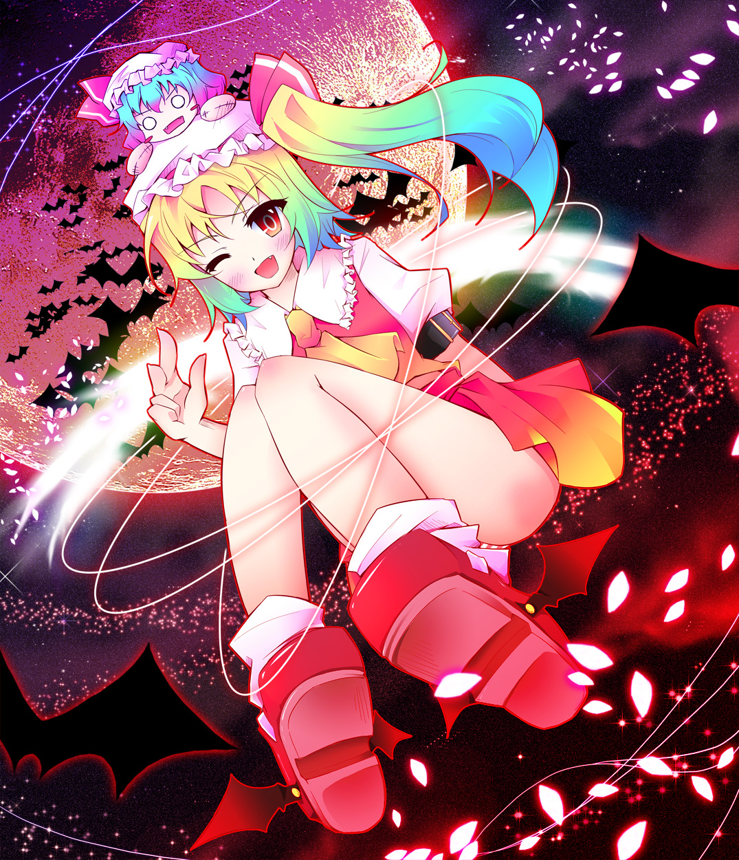nanamomo rio, nanamomorio, flandre scarlet, remilia scarlet, touhou, winged footwear, highres, 2girls, bat (animal), bat wings, blonde hair, blue hair, chibi, female focus, gradient hair, hat, moon, multicolored hair, multiple girls, ponytail, red eyes, shoes, short hair, side ponytail, wings