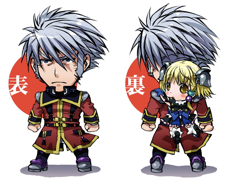 nakamura kanko, irui guneden, sanger zonvolt, banpresto, super robot wars, bad id, bad pixiv id, 1boy, 1girl, blonde hair, chibi, grey hair