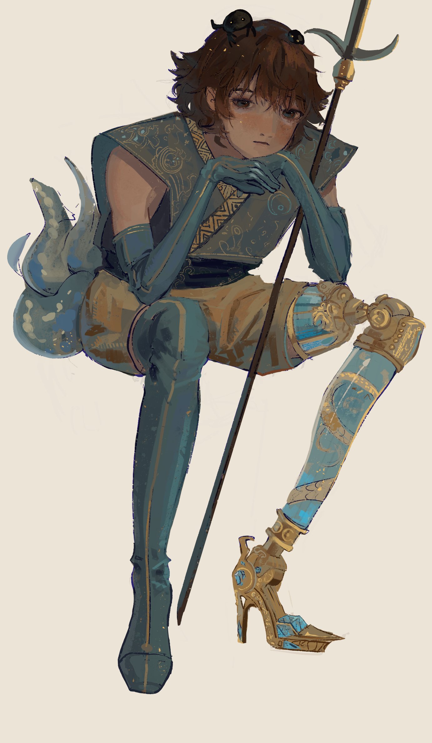 hatsburg, azuma kaisen, len'en, highres, 1other, androgynous, black shirt, blue boots, blue gloves, blue shirt, boots, brown eyes, closed mouth, dot nose, elbow gloves, expressionless, full body, glaive (polearm), gloves, grey background, grey shorts, hands on own chin, invisible chair, japanese clothes, layered shirt, leaning forward, light frown, looking at viewer, multiple tails, other focus, own hands together, polearm, print shirt, prosthesis, prosthetic leg, red hair, shirt, short hair, shorts, simple background, single thigh boot, single vertical stripe, sitting, sleeveless, sleeveless shirt, solo, standing, striped clothes, striped footwear, tadpole hat, tadpole tail, tail, thigh boots, vertical-striped footwear, weapon