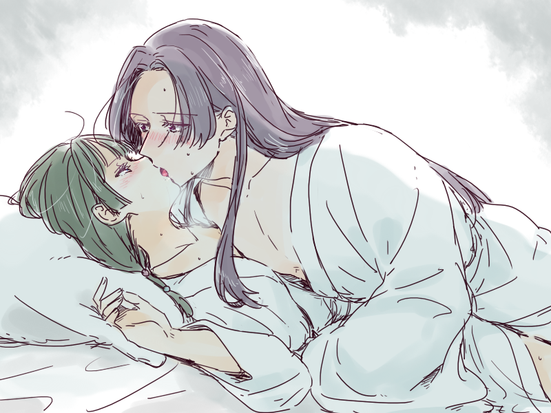 ck ksry jm, jinshi (kusuriya no hitorigoto), maomao (kusuriya no hitorigoto), kusuriya no hitorigoto, 1boy, 1girl, beads, bed sheet, blunt bangs, blush, couple, green hair, hair beads, hair ornament, heavy breathing, hetero, kiss, long hair, on bed, open mouth, parted bangs, pillow, purple hair, robe, sidelocks, sketch, sweat, white robe