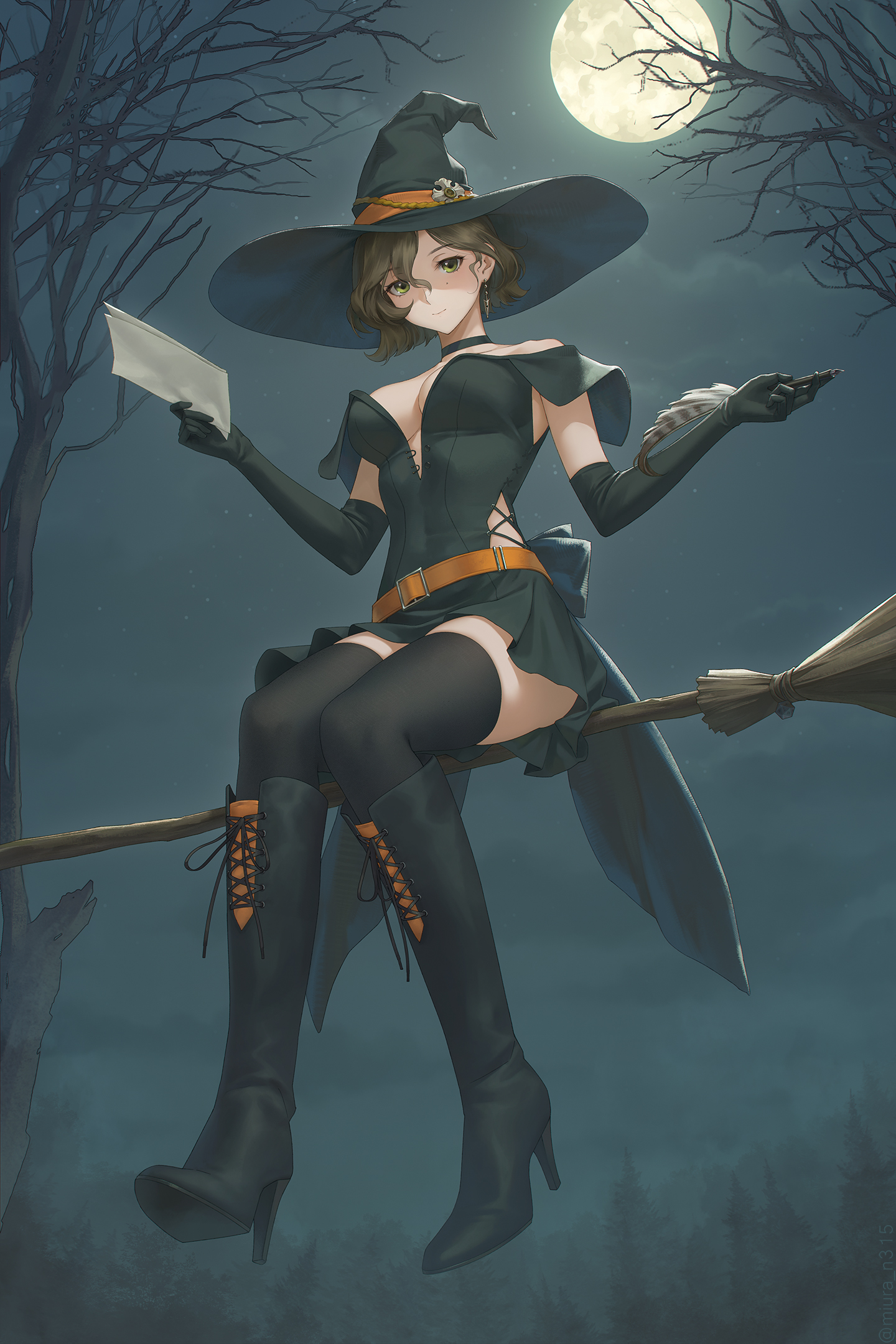 miura-n315, recoleta (reverse:1999), reverse:1999, highres, 1girl, alternate costume, belt, black boots, black dress, black thighhighs, boots, branch, breasts, broom, broom riding, cleavage, dress, floating, green eyes, halloween, hat, high heel boots, high heels, holding, holding quill, looking at viewer, loose belt, mole, mole under eye, night, night sky, quill, sky, smile, thighhighs, thighhighs under boots, tree, witch, witch hat