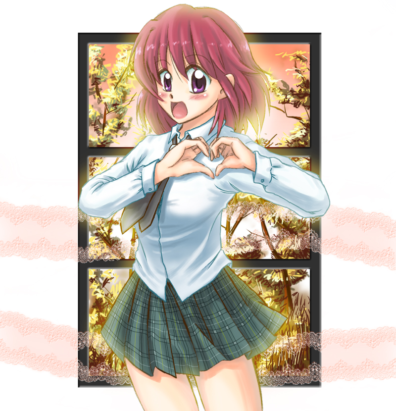 hachi (hachikai), kushieda minori, k-on!, toradora!, 1girl, blush, female focus, heart, heart hands, indoors, moe moe kyun!, nature, necktie, outside border, parody, plaid clothes, plaid skirt, red hair, school uniform, short hair, skirt, solo