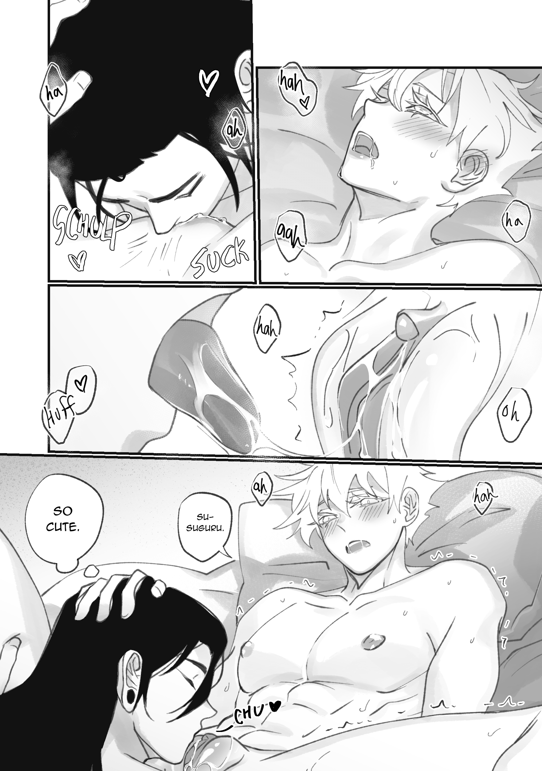 getou suguru, gojou satoru, jujutsu kaisen, absurdres, highres, 2boys, abs, blush, clitoris, cunnilingus, cuntboy, cuntboy with male, english text, eyelashes, greyscale, long eyelashes, male focus, moaning, monochrome, multiple boys, nipples, oral, pectorals, pussy, saliva, speech bubble, thought bubble, xtlusart