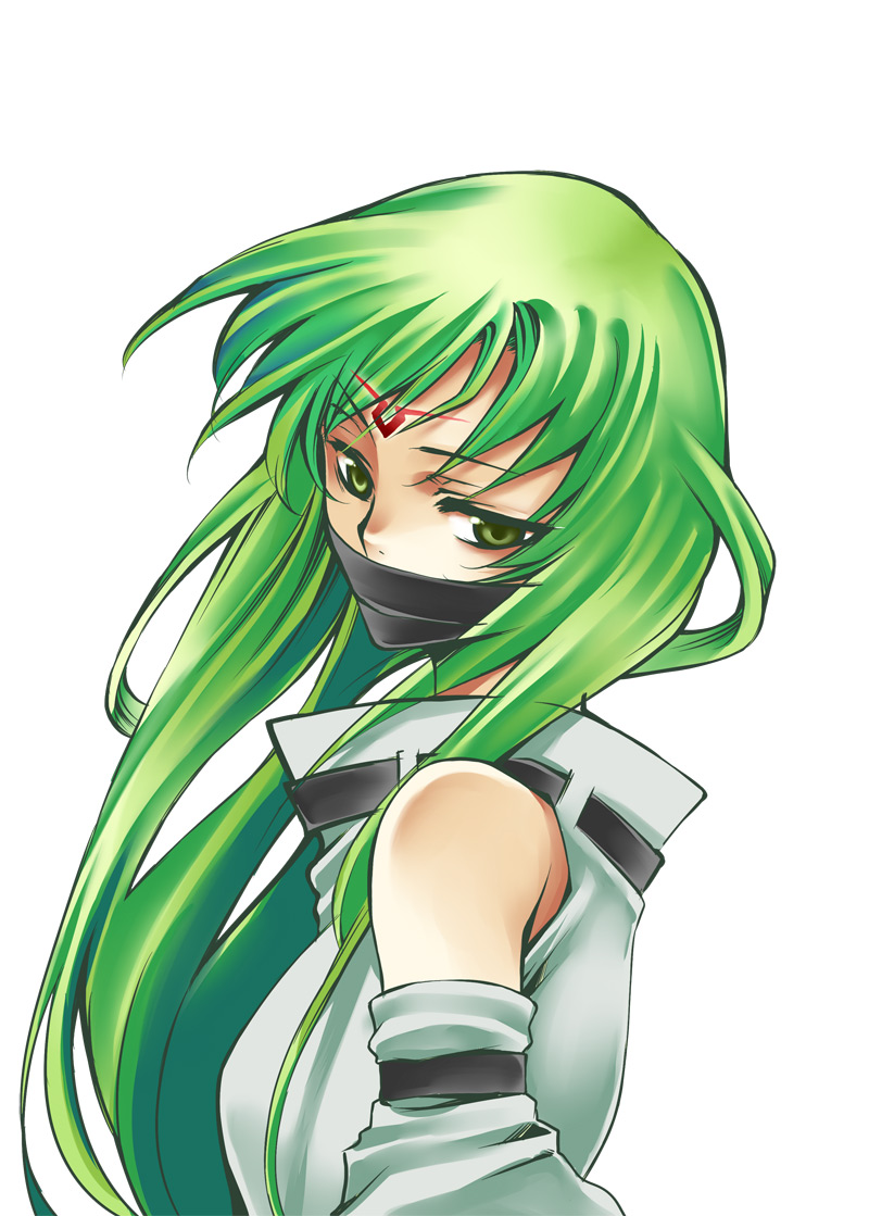 kamitani (laikaloid), c.c., code geass, 00s, 1girl, female focus, green eyes, green hair, long hair, mask, matching hair/eyes, mouth mask, solo, very long hair