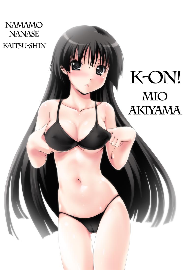 namamo nanase, akiyama mio, k-on!, 00s, 1girl, bikini, black bikini, black eyes, black hair, blush, breasts, cameltoe, cleavage, covered erect nipples, female focus, long hair, simple background, solo, swimsuit, underboob