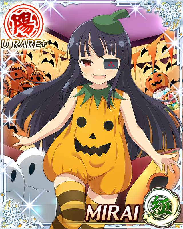 mirai (senran kagura), senran kagura, senran kagura new wave, game cg, non-web source, official art, 1girl, bat (animal), black hair, blunt bangs, border, card (medium), eyepatch, fang, flat chest, food-themed hair ornament, ghost, hair ornament, halloween, halloween costume, happy halloween, jack-o'-lantern, long hair, mitsudomoe (shape), open mouth, orange thighhighs, pumpkin, pumpkin costume, pumpkin hair ornament, pumpkin hat, red eyes, smile, solo, striped clothes, striped thighhighs, thighhighs, tomoe (symbol), trick or treat