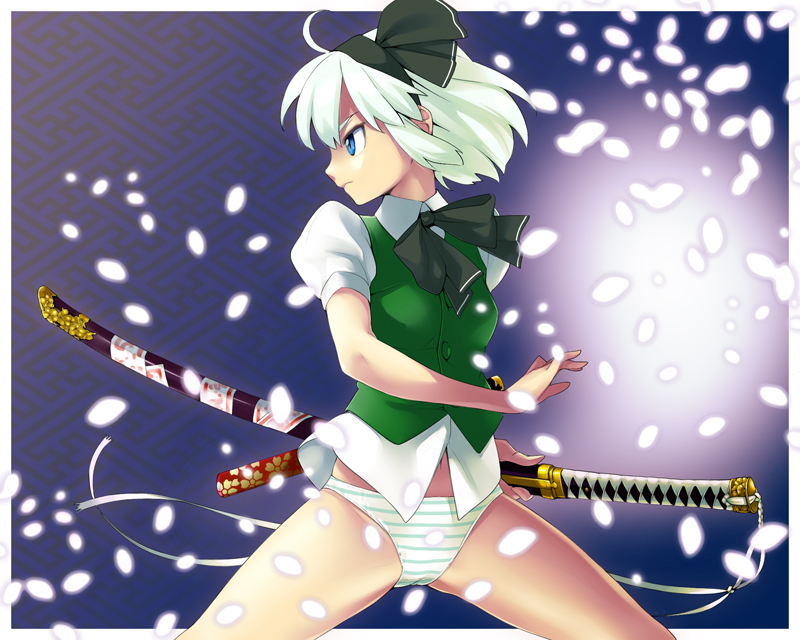 yurikawa, konpaku youmu, touhou, 1girl, blue eyes, female focus, fighting stance, gradient background, hairband, katana, no pants, panties, ready to draw, ribbon, sheath, sheathed, short hair, solo, striped clothes, striped panties, sword, underwear, weapon, white hair