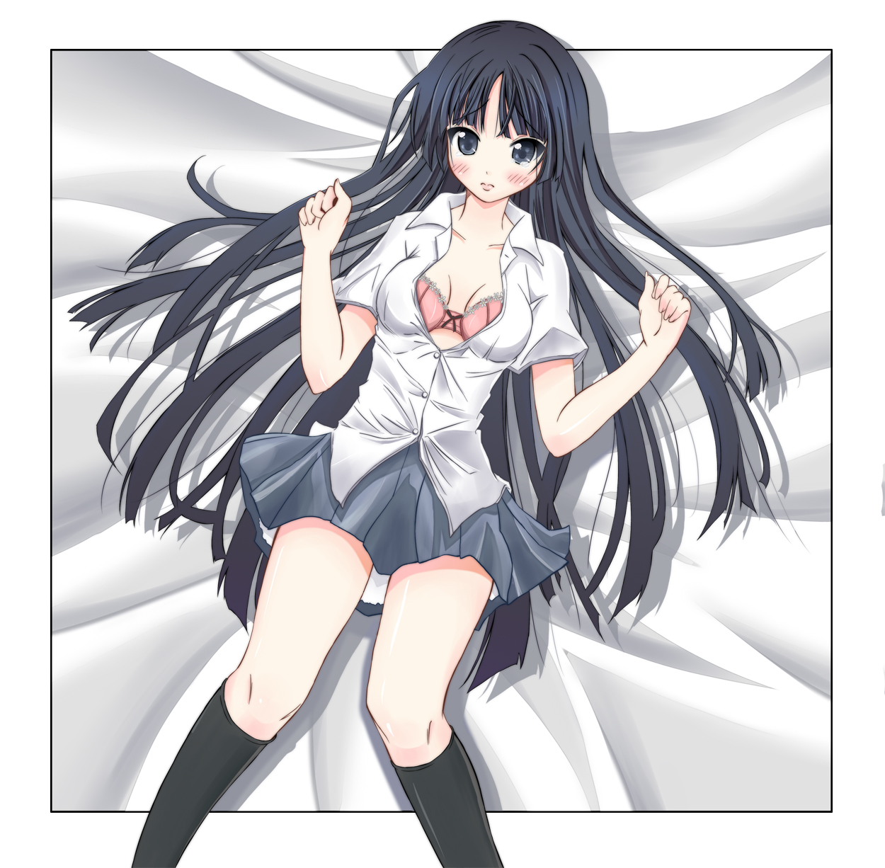 sk (buta), akiyama mio, k-on!, highres, 00s, 1girl, black eyes, black hair, blunt bangs, blush, bra, breasts, dress shirt, embarrassed, female focus, hime cut, kneehighs, lingerie, long hair, lying, miniskirt, open clothes, open shirt, pink bra, pleated skirt, school uniform, shirt, sidelocks, skirt, socks, solo, tears, underwear, very long hair