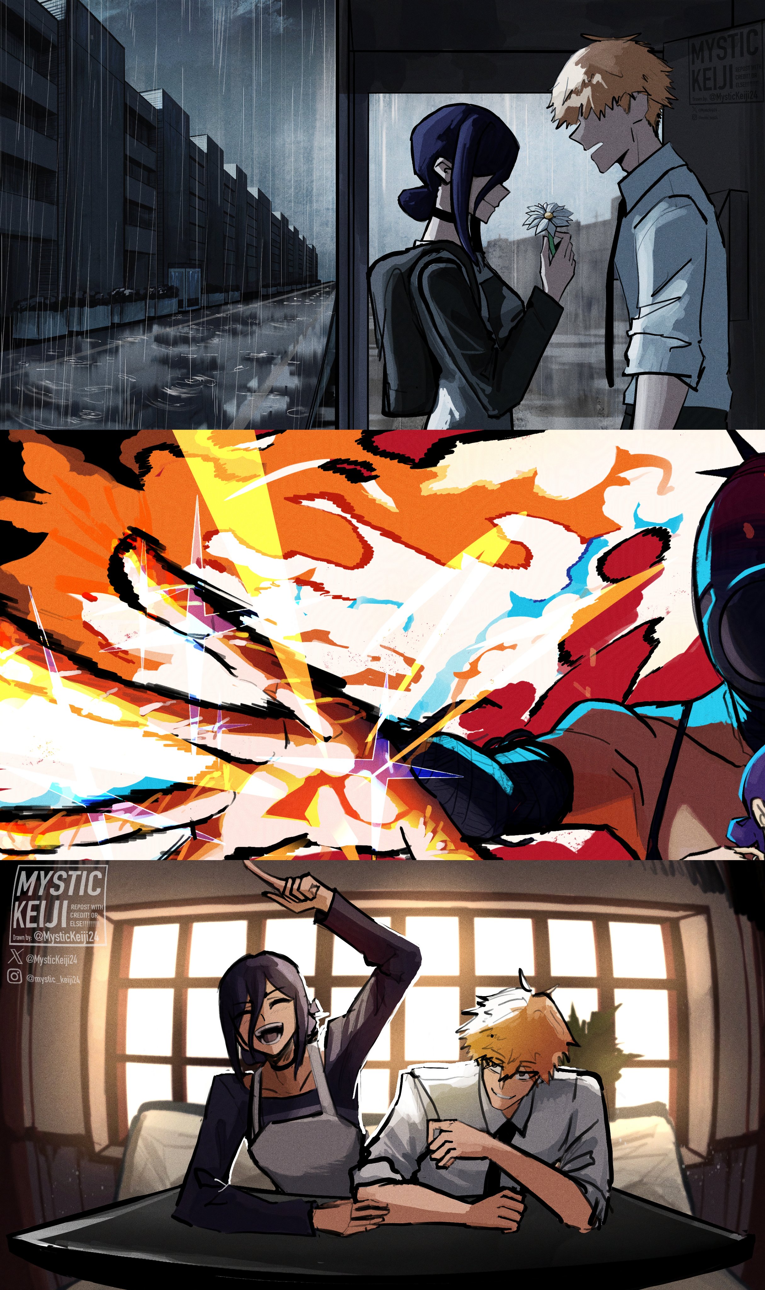 mystickeiji24, bomb devil (chainsaw man), denji (chainsaw man), reze (chainsaw man), chainsaw man, absurdres, highres, 1boy, 1girl, apron, black gloves, black hair, blonde hair, building, collared shirt, elbow gloves, flower, gloves, grey apron, holding, holding flower, purple hair, shirt, short hair, white flower, white shirt