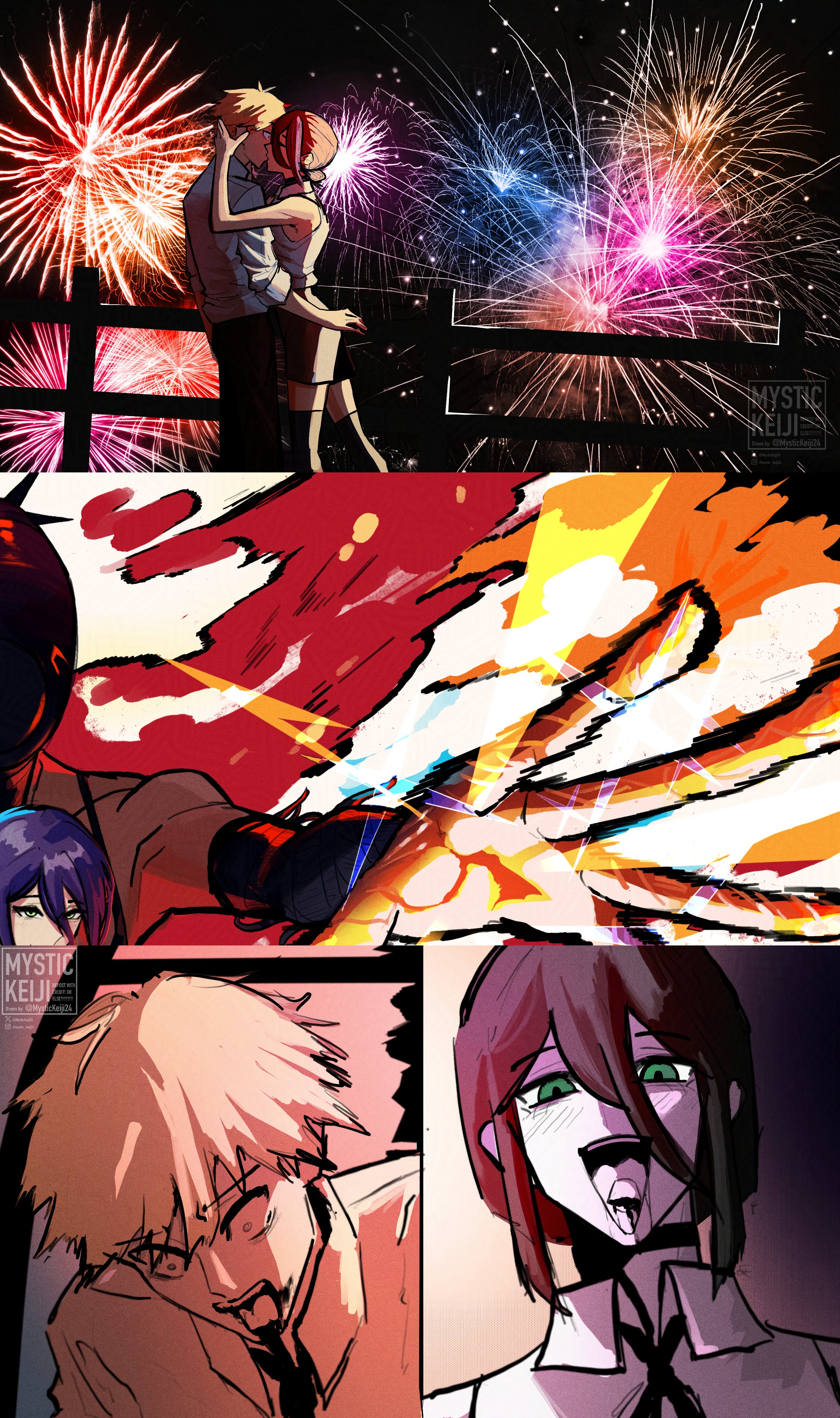 mystickeiji24, bomb devil (chainsaw man), denji (chainsaw man), reze (chainsaw man), chainsaw man, absurdres, highres, 1boy, 1girl, aerial fireworks, black choker, black gloves, black necktie, black shorts, black thighhighs, blonde hair, choker, collared shirt, elbow gloves, fence, fireworks, gloves, green eyes, hair between eyes, hetero, kiss, necktie, night, open mouth, purple hair, severed tongue, shirt, shorts, sleeveless, sleeveless shirt, thighhighs, tongue, tongue out