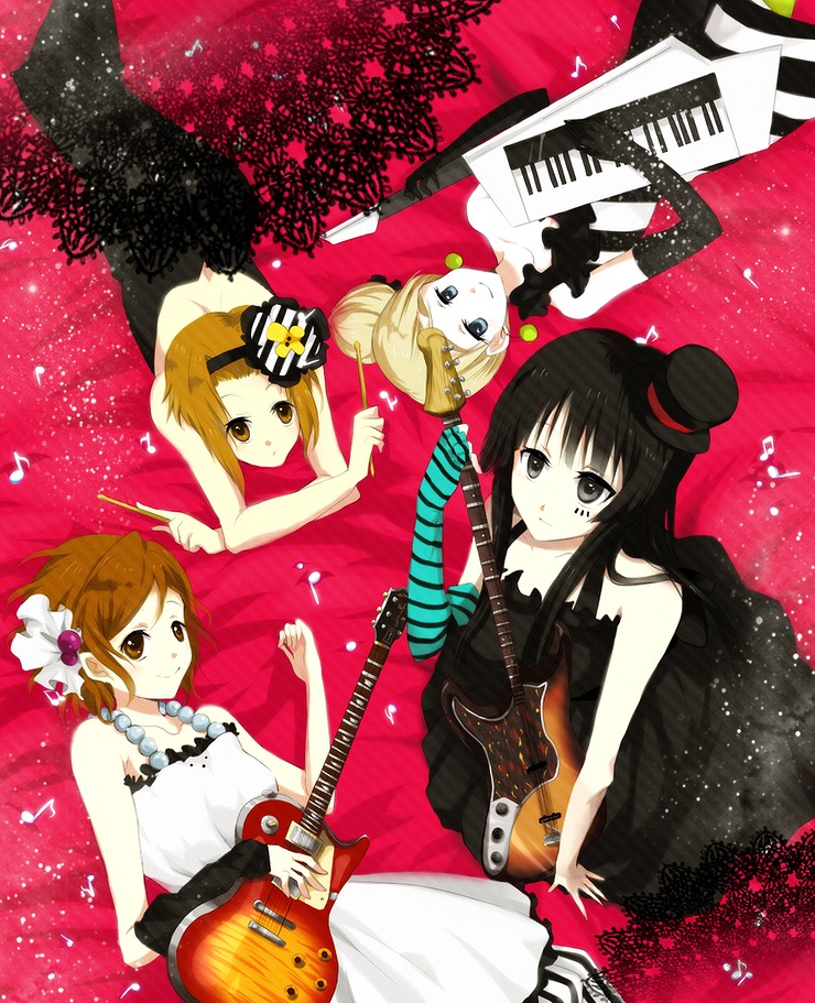 okra boom, okura buumu, akiyama mio, hirasawa yui, kotobuki tsumugi, tainaka ritsu, don't say "lazy", k-on!, 00s, 4girls, bare shoulders, drumsticks, elbow gloves, electric guitar, gibson les paul, gloves, green pantyhose, guitar, hair bun, hat, ho-kago tea time, instrument, keytar, mini hat, mini top hat, multiple girls, musical note, pantyhose, single glove, single hair bun, striped clothes, striped gloves, top hat