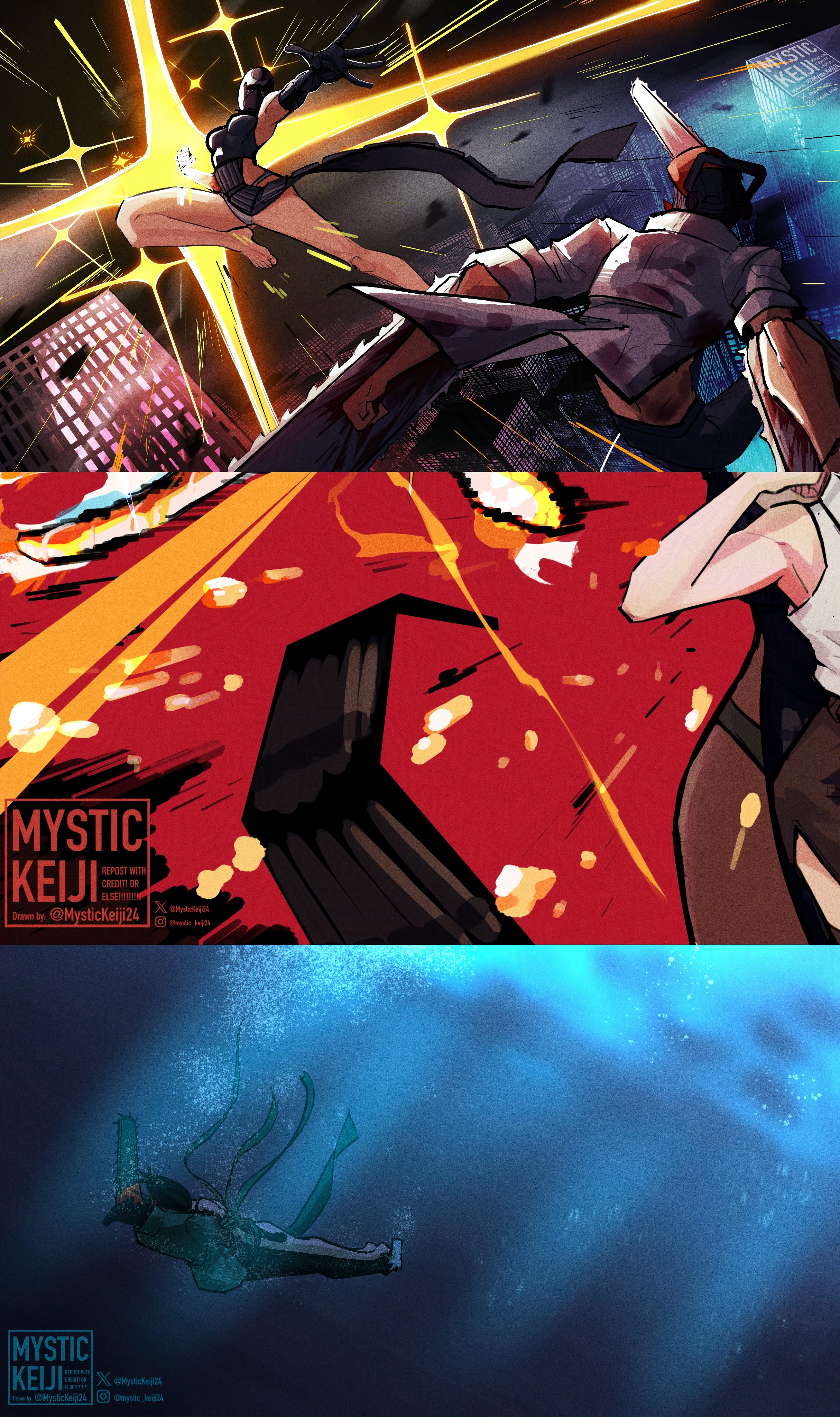 mystickeiji24, bomb devil (chainsaw man), denji (chainsaw man), reze (chainsaw man), chainsaw man, absurdres, highres, 1boy, 1girl, alternate form, apron, black apron, black gloves, chainsaw, city, dynamite, elbow gloves, explosive, gloves, midair, shirt, sleeveless, sleeveless shirt, submerged, white shirt