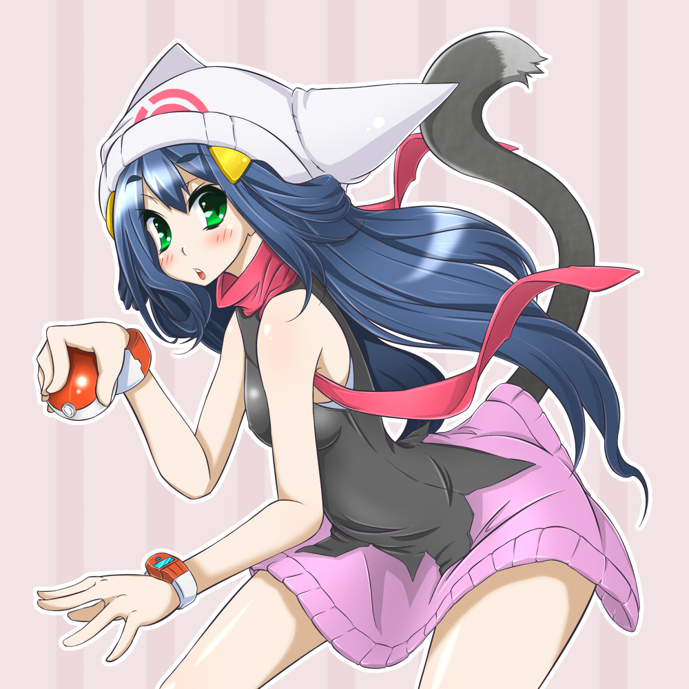 nacl, shokuen shiwe, dawn (pokemon), nintendo, pokemon, bad id, bad pixiv id, 1girl, :o, animal ears, beanie, blue hair, blush, clothes lift, female focus, green eyes, hair ornament, hat, holding, holding poke ball, lifted by tail, long hair, miniskirt, open mouth, poke ball, poke ball (basic), poketch, red scarf, scarf, short hair, sidelocks, skirt, skirt lift, solo, standing, tail, tank top, watch, wristband, wristwatch