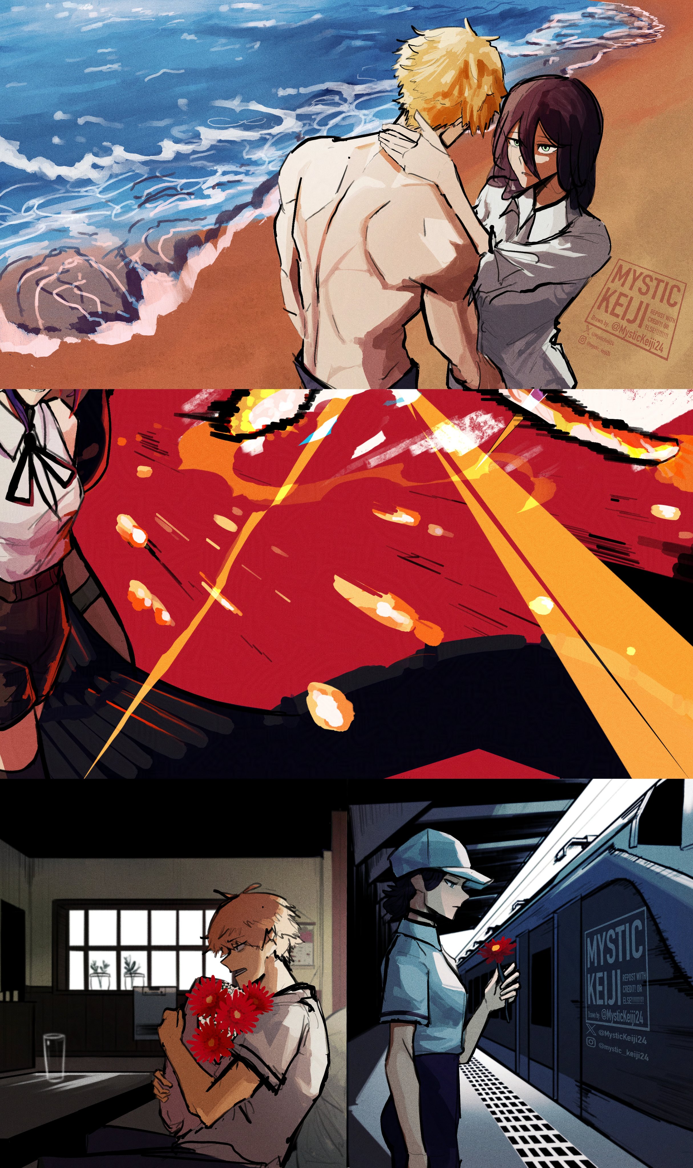 mystickeiji24, bomb devil (chainsaw man), denji (chainsaw man), reze (chainsaw man), chainsaw man, absurdres, highres, 1boy, 1girl, baseball cap, beach, black choker, black hair, black ribbon, black shorts, blonde hair, bouquet, choker, collared shirt, dynamite, explosive, flower, green eyes, hair between eyes, hat, holding, holding bouquet, holding flower, indoors, long hair, neck ribbon, ocean, purple hair, red flower, ribbon, sand, shirt, shirt tucked in, short hair, shorts, sitting, table, train, white shirt, window