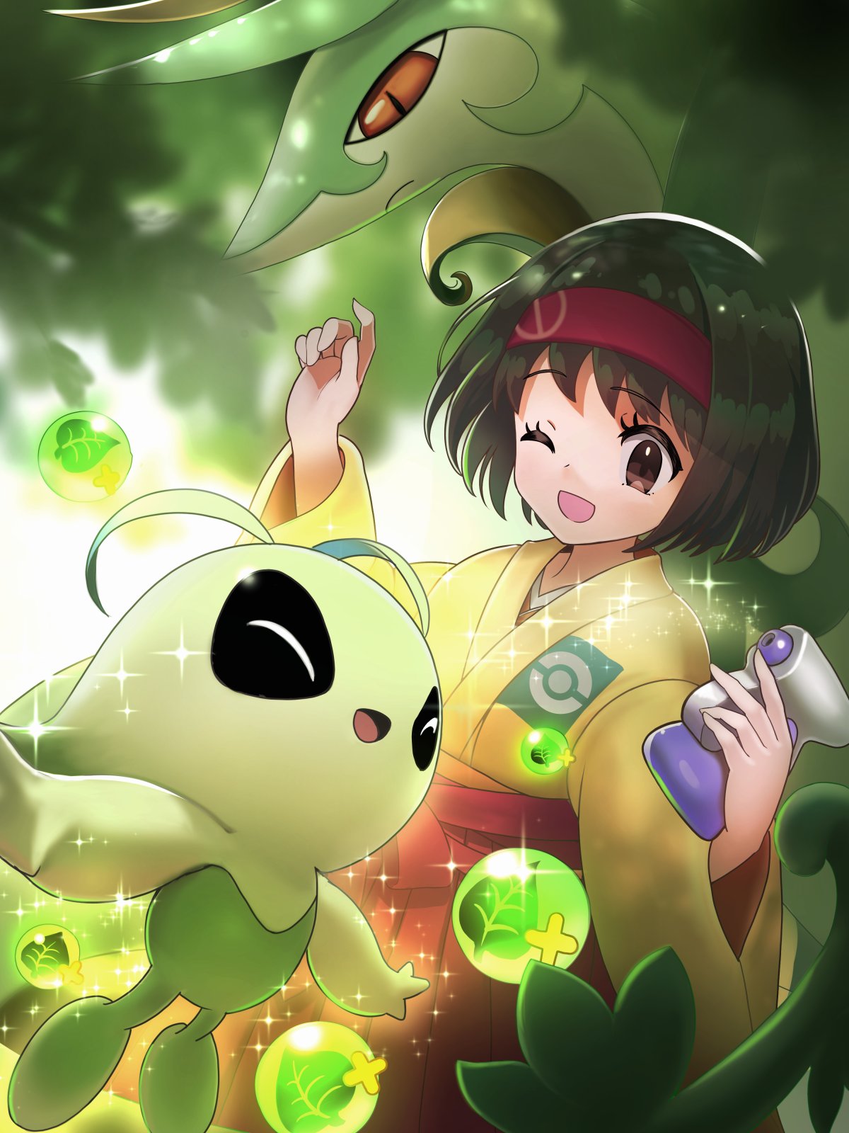 nekoita, celebi, erika (pokemon), serperior, nintendo, pokemon, pokemon tcg, pokemon tcg pocket, commentary, highres, 1girl, antennae, aura, black hair, brown eyes, closed eyes, energy (pokemon tcg), floating, gen 2 pokemon, gen 5 pokemon, hairband, hakama, hakama skirt, hands up, holding, japanese clothes, kimono, leaf, legendary pokemon, looking at another, mythical pokemon, one eye closed, open mouth, pokemon (creature), potion (pokemon), red eyes, red hairband, red hakama, short hair, skirt, smile, sparkle, standing, wide sleeves, yellow kimono