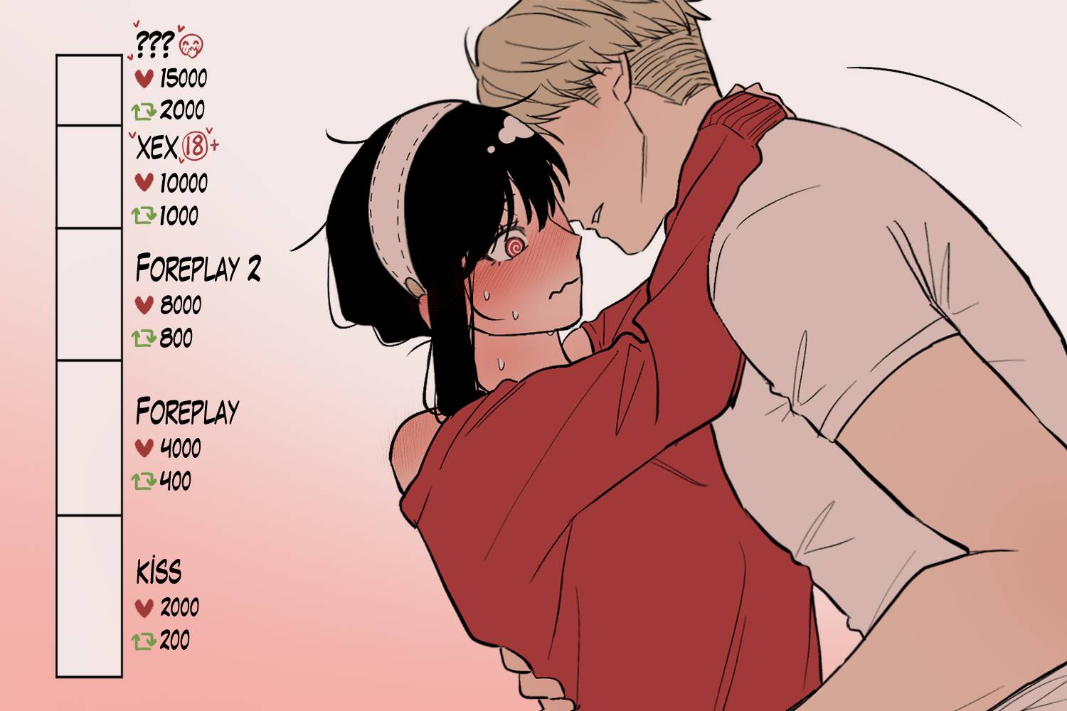 siro666b, twilight (spy x family), yor briar, spy x family, 1boy, 1girl, black hair, blonde hair, blush, breasts, dress, earrings, gold earrings, hairband, hetero, husband and wife, jewelry, large breasts, long hair, long sleeves, open mouth, red eyes, shirt, short hair, sidelocks, white hairband