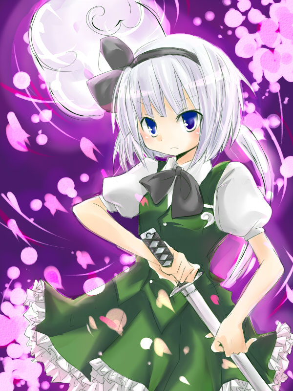 asakin, konpaku youmu, konpaku youmu (ghost), touhou, silver hair, 1girl, blue eyes, female focus, ghost, hairband, hitodama, katana, ribbon, short hair, solo, sword, weapon