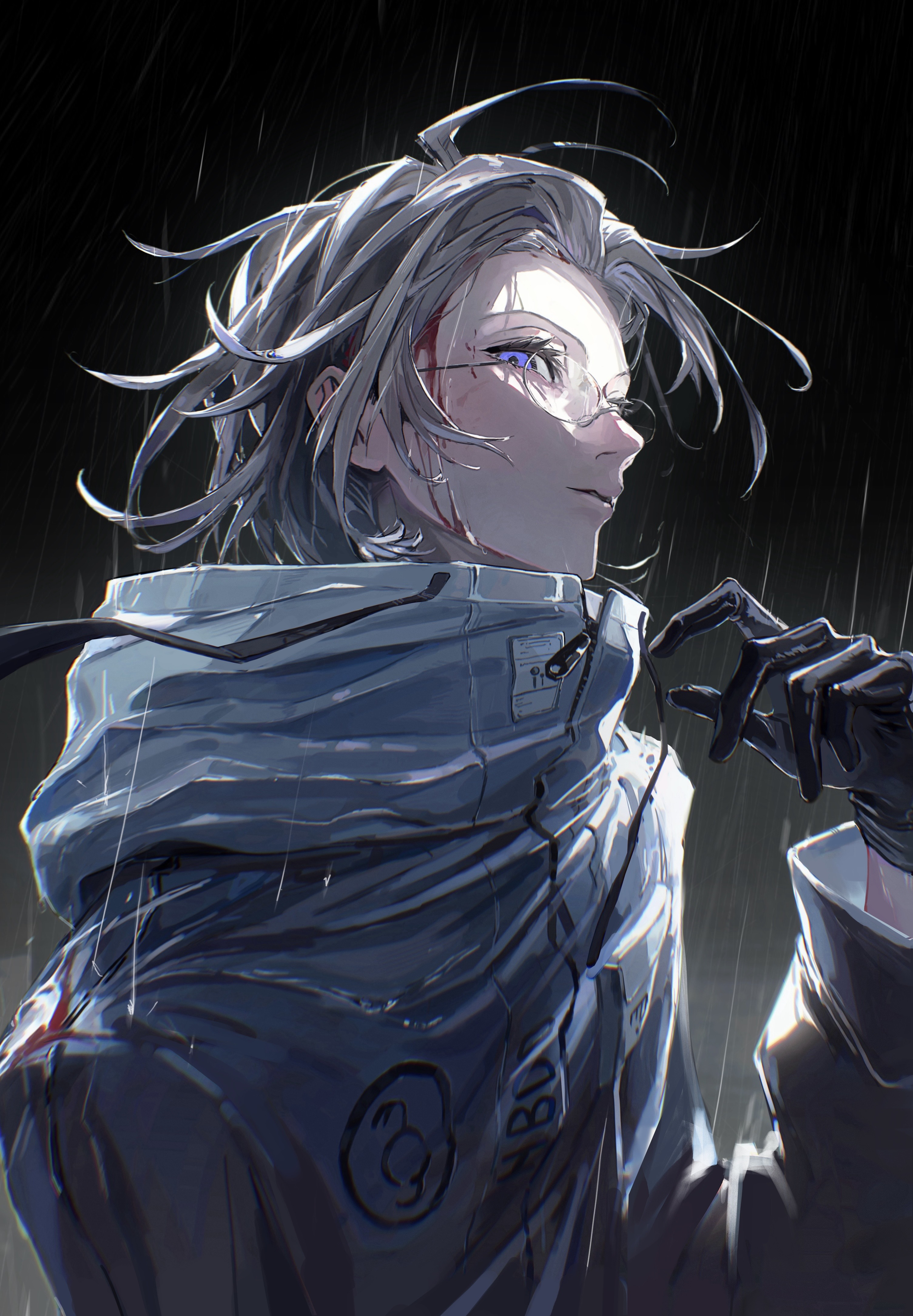 voltmeter f, aotsuki eito, the hundred line -last defense academy-, absurdres, highres, 1boy, black gloves, blood, blood on clothes, blood on face, eyelashes, floating clothes, front zipper, glasses, gloves, grey hair, hair intakes, high collar, jacket, looking at viewer, male focus, medium hair, parted lips, purple eyes, rain, solo, upper body, white jacket