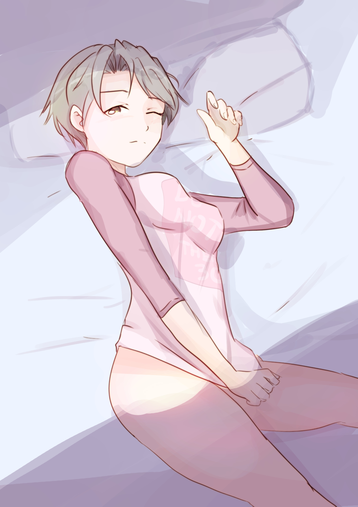 9 9bird, konno mitsune, love hina, commentary, highres, 1girl, bed sheet, bottomless, breasts, brown eyes, closed mouth, covering crotch, covering privates, curled fingers, from above, grey hair, hand up, looking at viewer, lying, medium breasts, no panties, on bed, on side, one eye closed, pillow, pink shirt, print shirt, raglan sleeves, shadow, shirt, shirt tug, short hair, solo, swept bangs, three-quarter sleeves, two-tone shirt, very short hair
