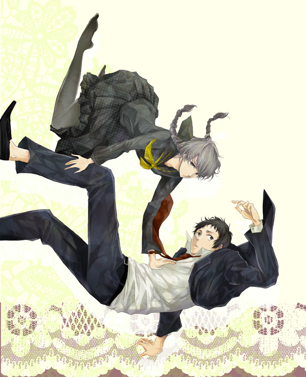 toki-o, adachi tooru, narukami yu, atlus, persona, persona 4, black legwear, bad id, bad pixiv id, 2boys, black hair, braid, cosplay, crossdressing, crossdressing (mtf), falling, formal clothes, grey hair, multiple boys, necktie, pantyhose, pleated skirt, school uniform, serafuku, skirt, suit, trap, twin braids