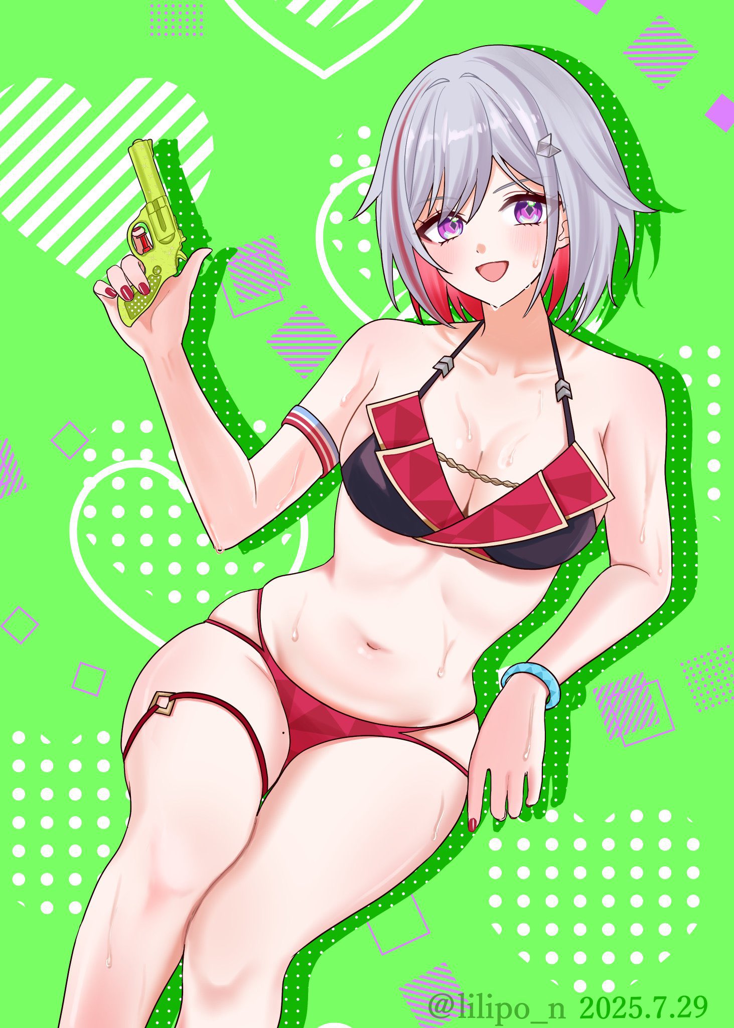 lilipon, topaz (honkai: star rail), honkai: star rail, honkai (series), highres, 1girl, bikini, breasts, grey hair, gun, heart, holding, holding gun, holding weapon, large breasts, navel, open mouth, purple eyes, red hair, short hair, smile, solo, square, swimsuit, thigh strap, twitter username, water gun, weapon