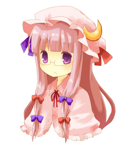 yuzuki (yuduame), patchouli knowledge, touhou, 1girl, bespectacled, female focus, glasses, hat, long hair, purple eyes, purple hair, ribbon, simple background, solo