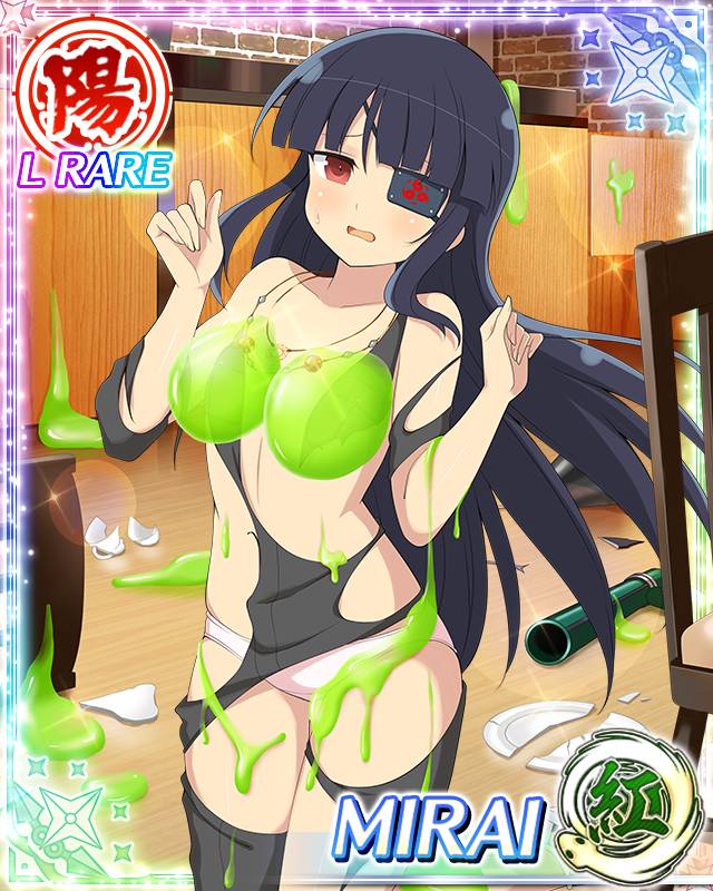 mirai (senran kagura), senran kagura, senran kagura new wave, game cg, non-web source, official art, 1girl, black hair, blunt bangs, border, card (medium), eyepatch, flat chest, jumpsuit, long hair, mitsudomoe (shape), open mouth, panties, red eyes, slime (substance), solo, tomoe (symbol), torn clothes, torn jumpsuit, underwear, white panties, worried