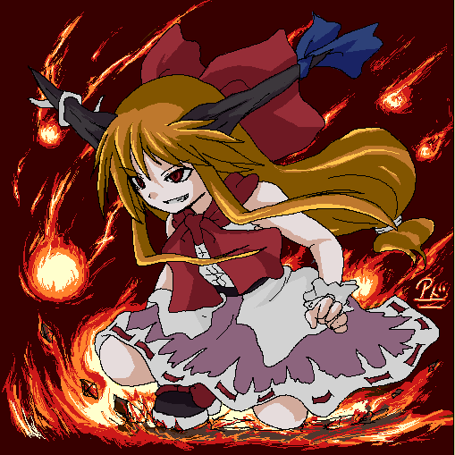 mochitsukiado, mochizuki ado, ibuki suika, touhou, 1girl, blonde hair, female focus, fire, fireball, grin, horns, long hair, oekaki, on one knee, orange hair, red eyes, smile, smirk, solo, squatting, wrist cuffs