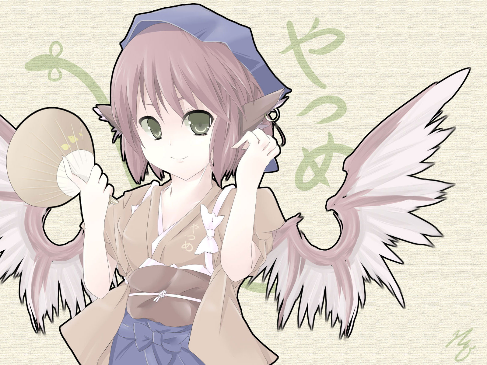 kuro mizore, kuroi mizore, mystia lorelei, okamisty, touhou, bad id, bad pixiv id, highres, 1girl, animal ears, blue headscarf, brown hair, earrings, female focus, green eyes, hand fan, headscarf, japanese clothes, jewelry, paper fan, short hair, smile, solo, tasuki, uchiwa, wings