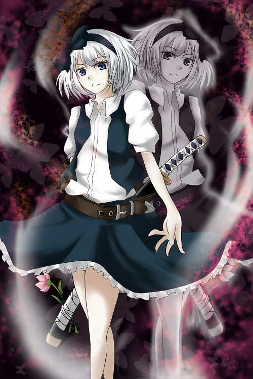 fujisaki miharu, mochitsukiado, mochizuki ado, konpaku youmu, konpaku youmu (ghost), touhou, silver hair, colorized, 2girls, blue eyes, bug, butterfly, female focus, flower, ghost, hairband, hitodama, katana, multiple girls, short hair, sword, weapon