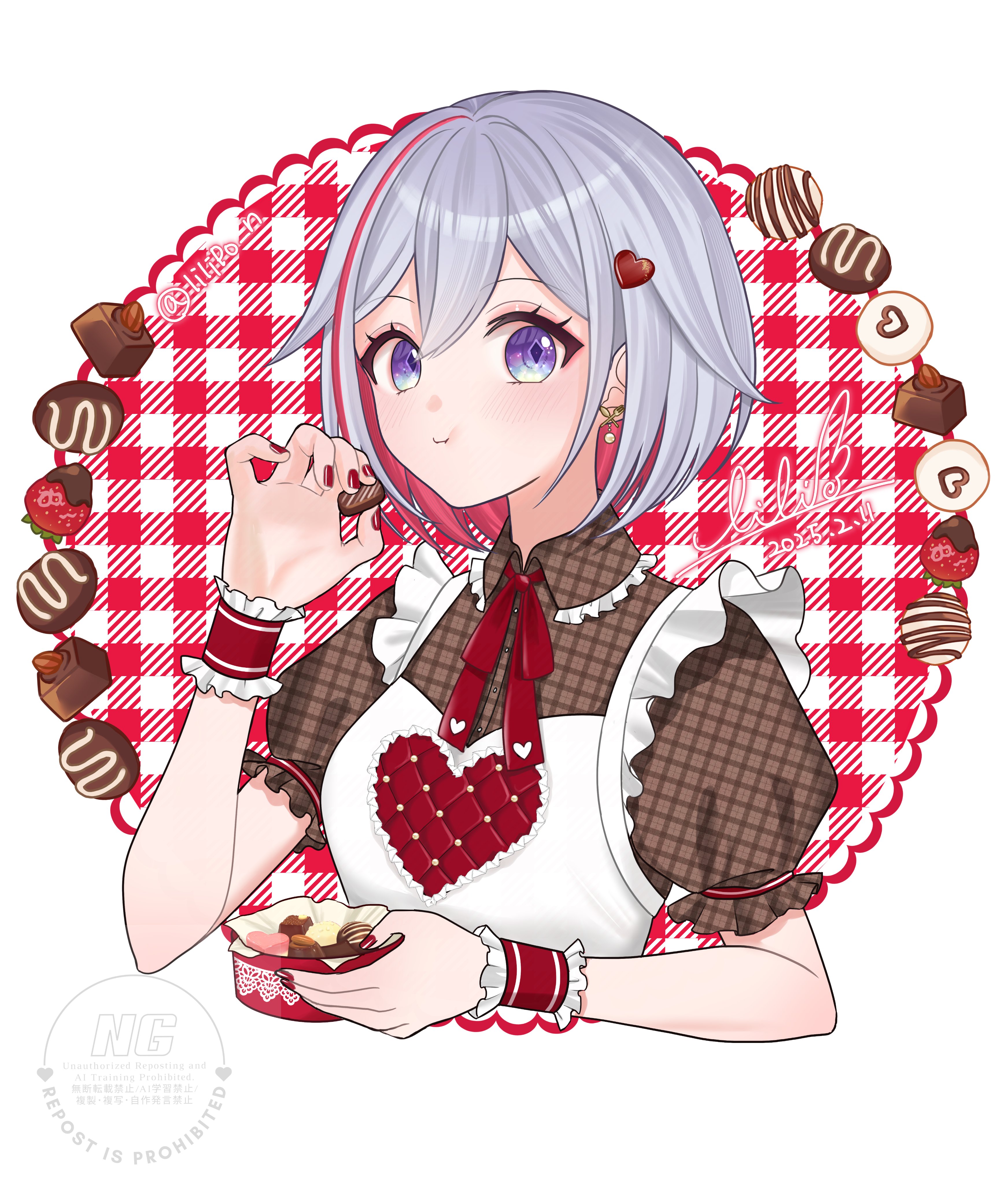lilipon, topaz (honkai: star rail), honkai: star rail, honkai (series), absurdres, highres, 1girl, apron, blue eyes, breasts, brown shirt, chocolate, dated, eating, grey hair, heart, looking at viewer, red hair, shirt, short hair, solo, twitter username, upper body, valentine, white apron