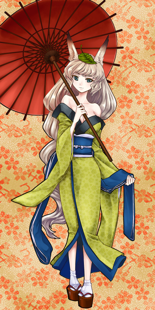 tenten (artist), tenten (edp666), yuzuruha, oboro muramasa, vanillaware, 1girl, animal ears, bare shoulders, blue eyes, breasts, cleavage, clog sandals, curly hair, female focus, fox ears, geta, japanese clothes, kimono, leaf, leaf on head, long hair, object on head, off shoulder, oil-paper umbrella, okobo, parasol, platform sandals, sandals, solo, tabi, umbrella, very long hair