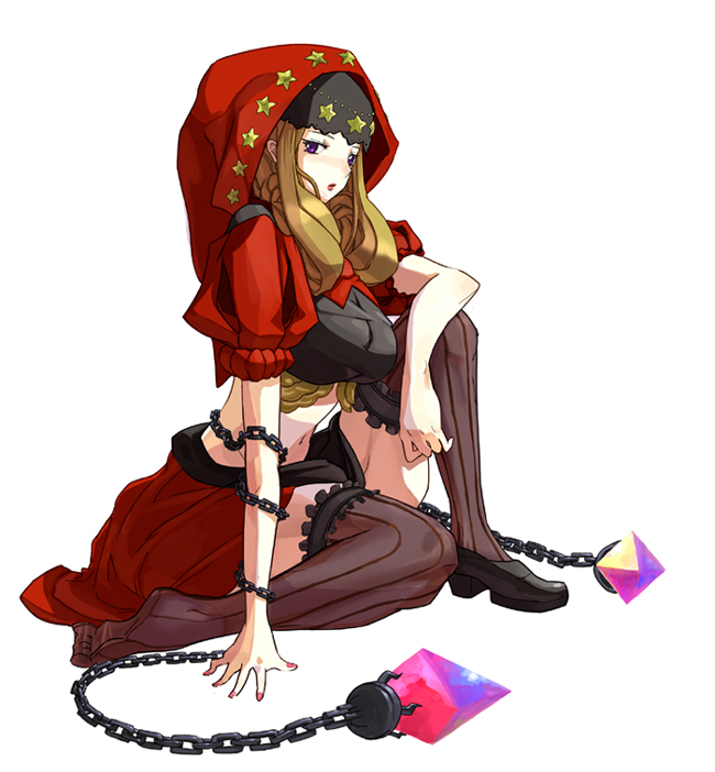 kon (kdash), velvet (odin sphere), odin sphere, blonde hair, breasts, chain, crystal, hood, large breasts, lips, lipstick, long hair, makeup, midriff, navel, purple eyes, shoes, simple background, single shoe, sitting, solo, star (symbol), thighhighs