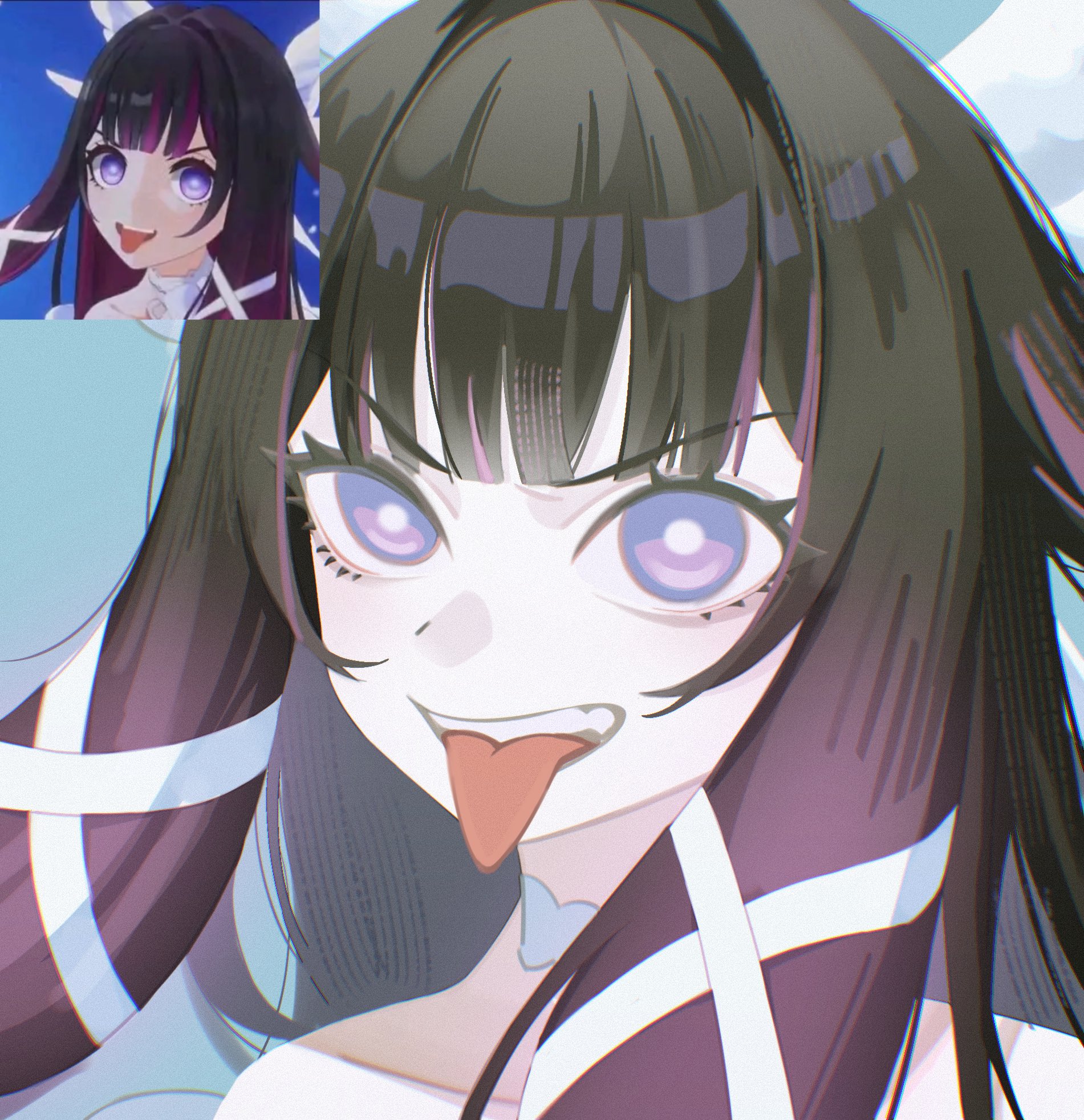 big itachi, columbina (genshin impact), genshin impact, highres, 1girl, black hair, game screenshot inset, gradient hair, hair ornament, head wings, long hair, looking at viewer, multicolored hair, purple eyes, purple hair, solo, tongue, tongue out, very long hair, wings