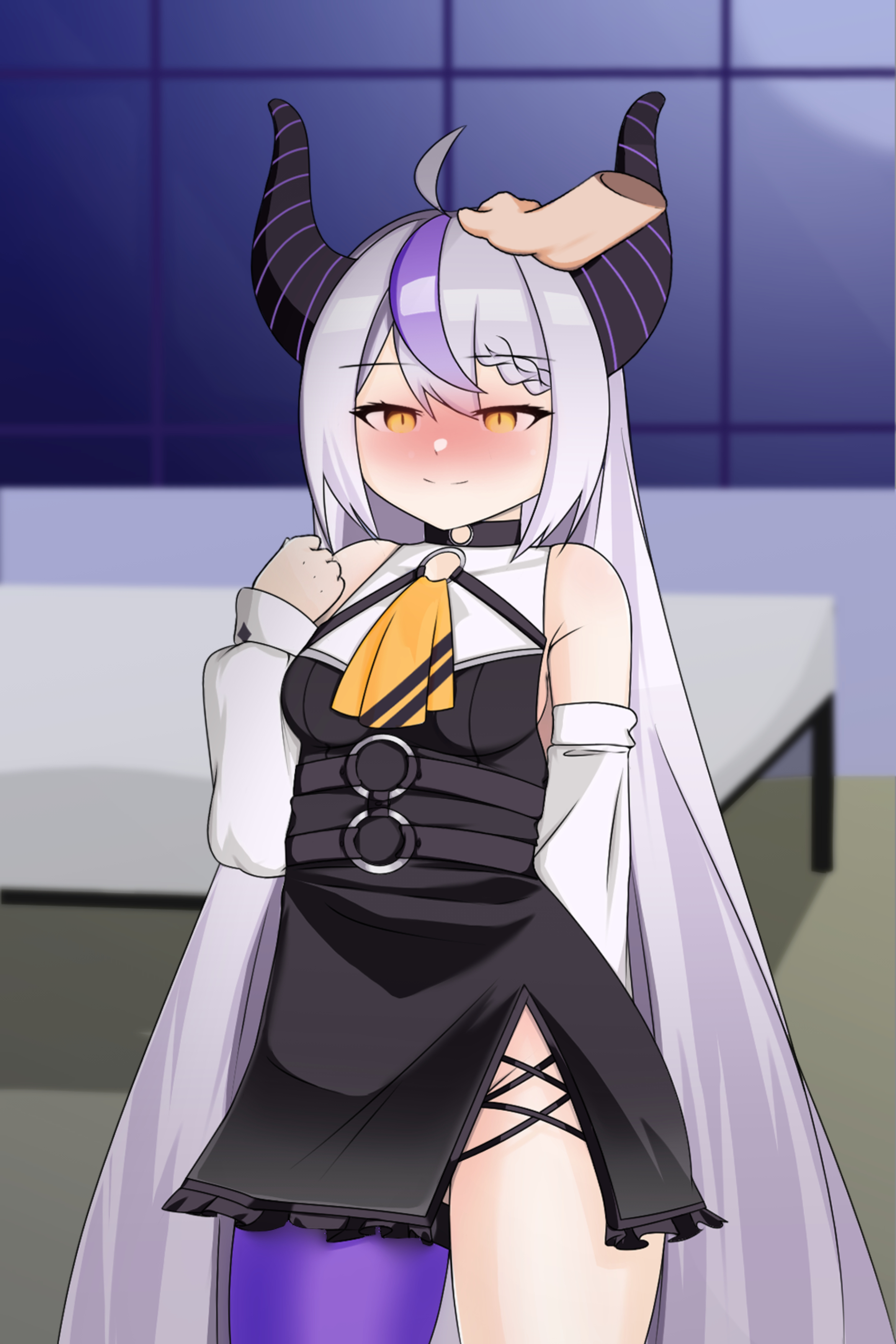 spookm, la+ darknesss, hololive, absurdres, highres, 1girl, ahoge, armpit crease, asymmetrical legwear, blush, braid, braided bangs, breasts, choker, detached sleeves, dress, embarrassed, gluteal fold, halterneck, hand on another's head, hand up, headpat, horns, long hair, o-ring, o-ring choker, purple hair, side slit, small breasts, smile, standing, thighhighs, thighs, very long hair, white hair, yellow eyes