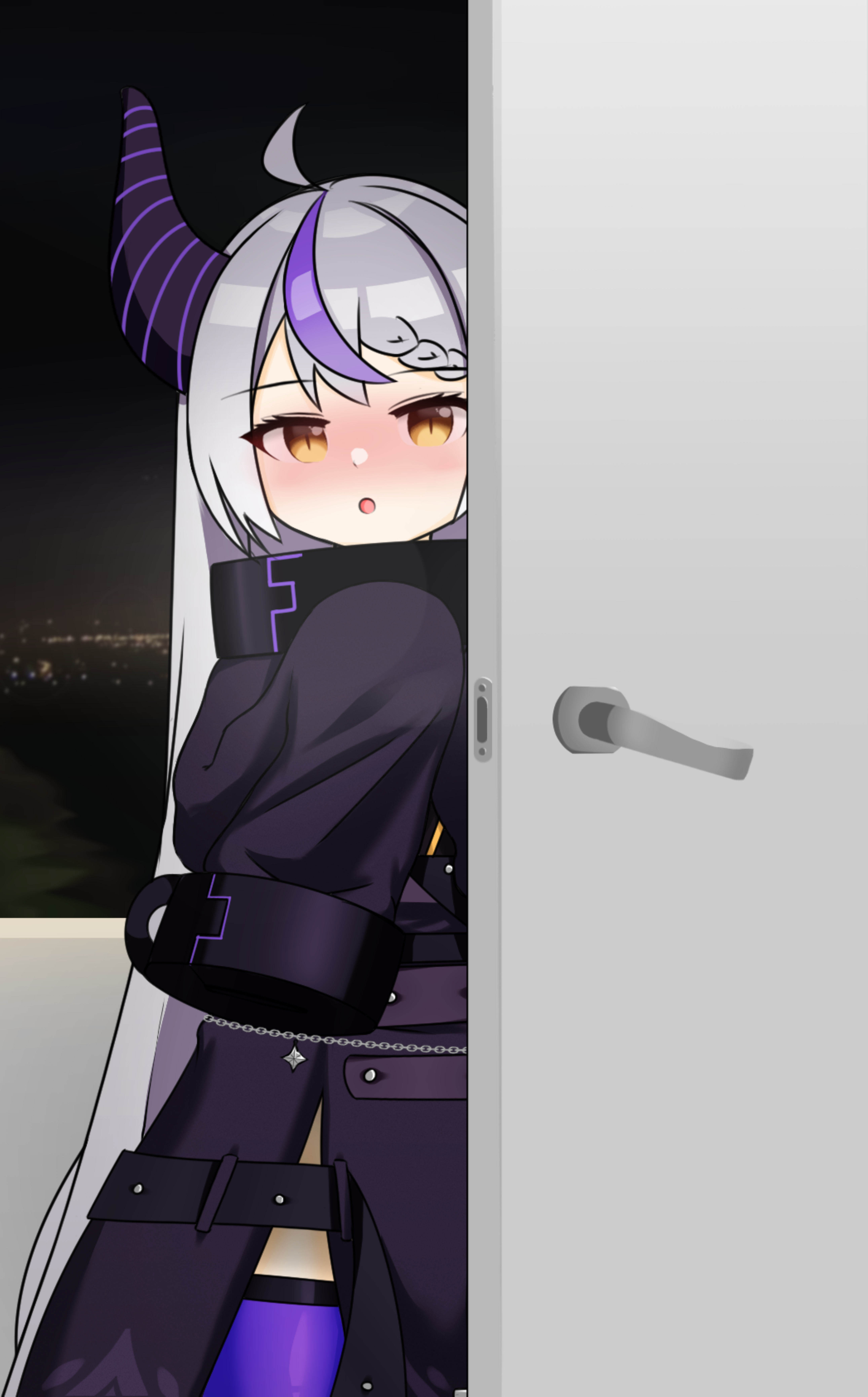 spookm, la+ darknesss, hololive, absurdres, highres, 1girl, :o, ahoge, belt, blush, braid, braided bangs, door, horns, jacket, long hair, long sleeves, looking at viewer, open door, open mouth, purple hair, sleeves past fingers, sleeves past wrists, solo, thighhighs, very long hair, white hair, yellow eyes