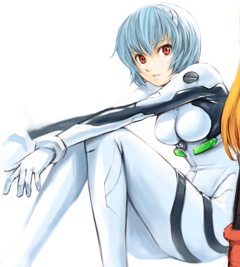 homunculus (alchemynote), ayanami rei, neon genesis evangelion, blue hair, bodysuit, mecha pilot suit, plugsuit (evangelion), red eyes, short hair, sitting, solo