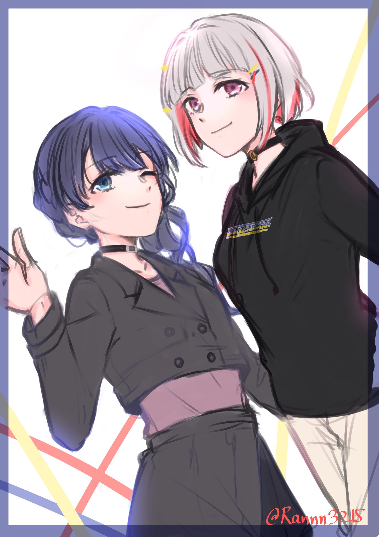 ranmaro, murano sayaka, yugiri tsuzuri, link! like! love live!, love live!, zozotown, commentary request, highres, 2girls, ;), alternate costume, black choker, black jacket, black skirt, black sweater, blue eyes, blue hair, buttons, choker, collarbone, colored inner hair, cowboy shot, dollchestra, double-breasted, grey hair, hair ornament, jacket, long sleeves, looking at viewer, multicolored hair, multiple girls, o-ring, o-ring choker, official alternate costume, one eye closed, pants, pink eyes, pink shirt, pleated skirt, ponytail, red hair, shirt, skirt, smile, star (symbol), star hair ornament, streaked hair, sweater, twitter username, virtual youtuber, white background, white pants